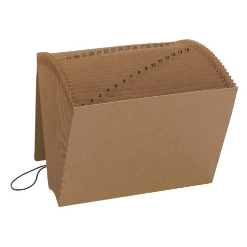 70168_01.jpg The Smead Expanding File (70168) in durable Kraft, includes 31 pockets with numbered tabs from 1 to 31. It expands fully for organization and features a flap and cord closure to keep contents secure.