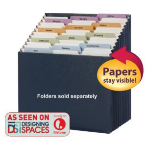 The Smead Stadium? File in navy (70211) is a 12-pocket, letter-size expandable organizer with alphabetic, monthly, daily household, and blank labels. It includes labeled tabs for categories like Mortgage, Receipts, and Education and features a Papers stay visible sign plus an As Seen On Designing Spaces emblem.