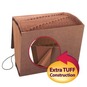 The Smead TUFF™ Expanding File (70367) features numbered tabs from 1 to 31 for daily organization, with a durable Redrope-Printed Stock and Extra TUFF Construction. It includes a flap and elastic cord closure for secure storage.