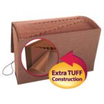 The Smead TUFF? Expanding File (70369) is a legal-size folder made from Redrope-Printed Stock, with 31 daily-numbered pockets and features a flap with an elastic cord closure on the left, showcasing its durable Extra TUFF Construction. A close-up reveals the materials thickness.
