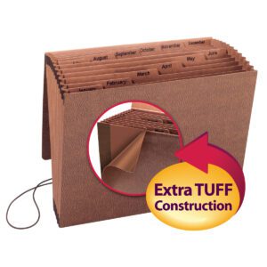 The Smead TUFF Expanding File, with 12 pockets labeled by month from January to December, features a flap and elastic cord closure. Its durable material is highlighted in a circular inset with a red arrow labeled Extra TUFF Construction in bold yellow.