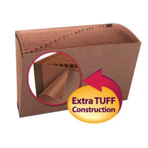 The Smead TUFF? Expanding File, legal size, has 21 A-Z pockets and is made from durable Redrope-Printed Stock (70430). It features Extra TUFF Construction, highlighted by a badge with a yellow and red arrow.