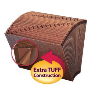 The Smead TUFF? Expanding File, made from Redrope-Printed Stock (70467), is a letter-sized organizer with 31 numbered pockets for daily (1-31) use. A close-up inset shows its Extra TUFF Construction with a yellow circle and red arrow, emphasizing its durability.