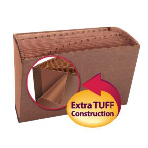 The Smead TUFF? Expanding File, Legal Size (70469), has 31 numbered pockets from 1 to 31 with Extra TUFF Construction for durability, highlighted by a red arrow pointing to its sturdy edge in the brown accordion folder design.