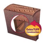 The Smead TUFF? Expanding File (70488) is a brown, letter-sized organizer made of Redrope-Printed Stock, featuring 12 monthly labeled tabs from January to December. It boasts Extra TUFF Construction for durability and reliability.
