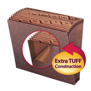 The Smead TUFF? Expanding File (70488) is a brown, letter-sized organizer made of Redrope-Printed Stock, featuring 12 monthly labeled tabs from January to December. It boasts Extra TUFF Construction for durability and reliability.