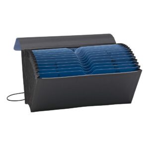 The Smead Handy File (70506) is a stylish Blue/Black accordion organizer with 21 pockets and blue tabbed dividers labeled A-Z and Jan.-Dec. An elastic band secures the flap closure for sleek document organization.