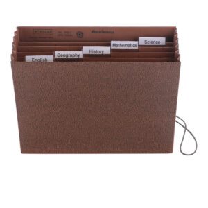 The Smead Subject File (70540) is a letter-size accordion organizer with 6 pockets in Redrope-Printed Stock, featuring labeled tabs for English, Geography, History, Mathematics, Science, and Miscellaneous. It securely fastens documents with an elastic cord closure.
