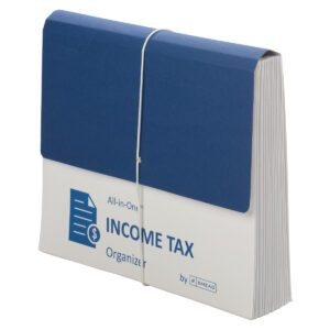 The Smead All-in-One? Income Tax Organizer in Navy/White (70660) has 13 pockets, a flap and cord closure, and is letter-sized.