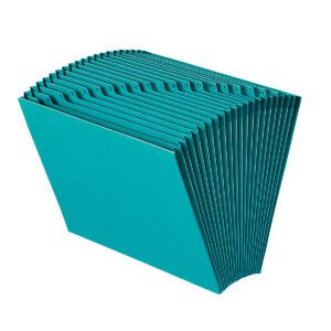 The Smead Expanding File, featured in teal, boasts an accordion-style design with 21 pockets for letter-size documents. Labeled A-Z tabs grace each pocket, enhancing its functionality when elegantly fanned open on the right.