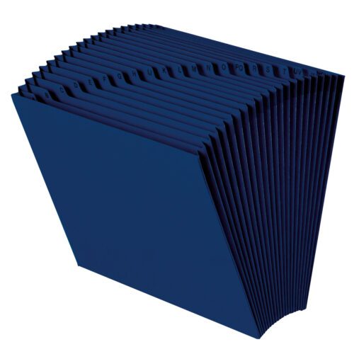 The Smead Expanding File in navy (70720) features 21 letter-sized pockets, labeled alphabetically from A to Z, and expands to neatly display all sections.
