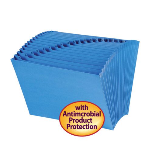 The Smead Expanding File (70727) in blue includes 21 pockets with A-Z tabs for organizing documents alphabetically. Its letter size design features a round yellow sticker on the front indicating Antimicrobial Product Protection.