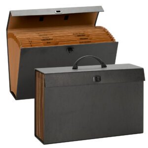 Two black Smead A-Z and Subject Expanding File Boxes are shown: one closed with a handle, the other open to labeled dividers for Bills, Education, and Bank Account. Both have secure latch closures, perfect for organized storage.