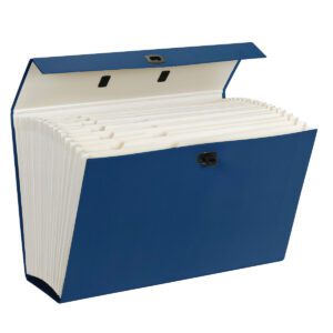 The Smead Portable Expanding File Box (70806), in a vibrant blue, has 19 expandable pockets with A-Z and subject labels for legal-size documents, secured by a black clasp.