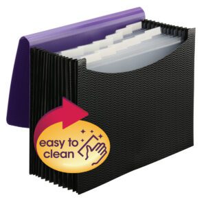 The Smead Poly Expanding File (70862), letter size, features a wave pattern in purple/black. Its 12 pockets are visible when open, with a purple flap peeking out. A graphic with a red arrow and hand icon boldly announces easy to clean in yellow text.