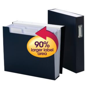 Two black expanding file folders, one open and one closed, feature a large red arrow indicating a 90% larger label area. The open Smead SuperTab Bookshelf Organizer, 6 pockets, Letter Size in Monaco Blue (70867) reveals several white dividers inside for letter-size documents.