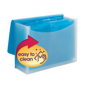 The Smead Poly Expanding File (70869) in teal and clear wave pattern has 12 dividers. Its blue translucent design includes a yellow sticker with a red arrow and hand-wiping graphic, highlighting its easy to clean feature.
