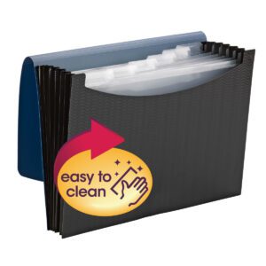 The Smead Poly Expanding File (70872) in wave-patterned blue/black features a secure flap and cord closure. Its designed for organizing letter-size documents and includes easy to clean labels, combining practicality with a sleek look.