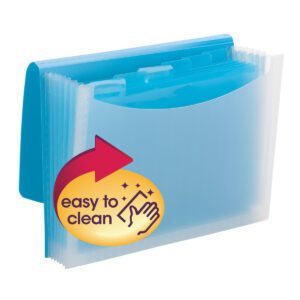 The Smead Poly Expanding File (Wave Pattern Teal/Clear, 70873) features a flap and cord closure, semi-transparent pockets, 6 dividers, and a blue accordion-style design. A yellow label with a hand-cleaning icon highlights its easy to clean feature.