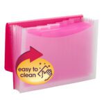 The Smead Poly Expanding File (70874), featuring 6 dividers and a wave pattern in pink/clear, includes a letter-size organizer with a circular label featuring a red arrow, hand graphic, and stars. It highlights the easy to clean feature.