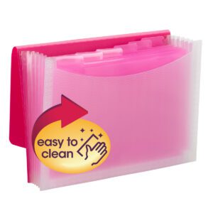 The Smead Poly Expanding File (70874), featuring 6 dividers and a wave pattern in pink/clear, includes a letter-size organizer with a circular label featuring a red arrow, hand graphic, and stars. It highlights the easy to clean feature.