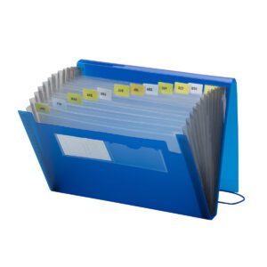 The Smead Poly Expanding File, Letter Size (70876), is a blue accordion organizer with 12 transparent, monthly-labeled pockets. Each tab offers easy access, and the flap and cord closure ensure your documents stay secure and organized.