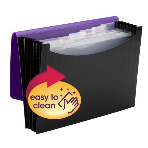 70882_WB1.jpg The Smead Poly Expanding File (70882) features a purple wave-pattern outer cover and black accordion-style compartments, ideal for organizing letter-size documents. A yellow oval sticker with a red arrow and hand icon reads easy to clean, while the flap and cord closure keeps contents secure.