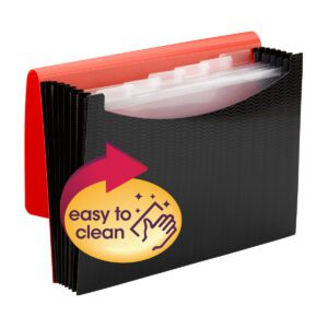 The Smead Poly Expanding File, Wave Pattern Red/Black (70884), features 6 dividers for optimal organization with an accordion style for multiple compartments. A yellow sparkly label claims its easy to clean, and it securely closes with a flap and cord.