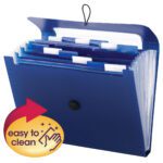 The Smead Step Index Poly Organizer in navy blue (70902) is open, displaying 12 tabbed pockets for letter-sized documents with a flap and cord closure. A badge with a red arrow and hand graphic says easy to clean.