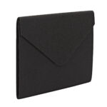 Smead Soft Touch Cloth Expanding File, with a 2 expansion and snap closure, stands upright on a plain white background. Its black, minimalist envelope-style design enhances elegance and simplicity.