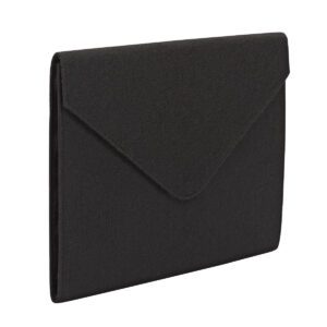 Smead Soft Touch Cloth Expanding File, with a 2 expansion and snap closure, stands upright on a plain white background. Its black, minimalist envelope-style design enhances elegance and simplicity.