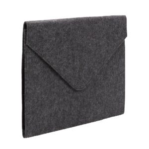A modern, minimalist felt laptop sleeve with a pointed flap and snap closure, reminiscent of a letter-sized Smead Soft Touch Cloth Expanding File in gray. It features visible edge stitching and stands upright at an angle to the left.