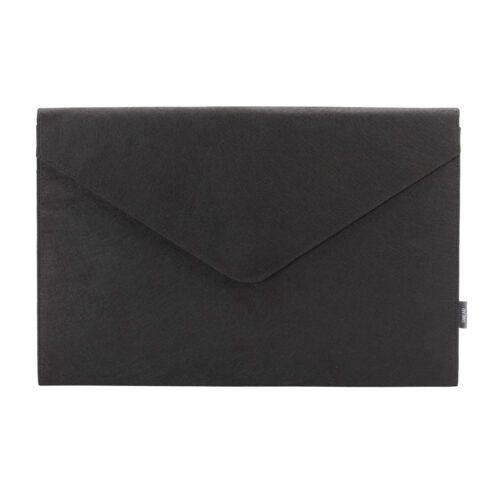 Photographed against a white background, the sleek, black laptop sleeve resembles the Smead Soft Touch Cloth Expanding File, 2 expansion. The envelope flap has a clean design with a subtle tag on the side.