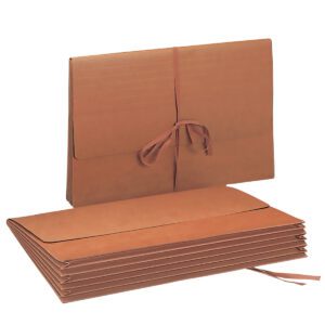 A stack of Smead Wallets, 5-1/4 expansion, with flaps and cloth tie closures is on a white background. One folder stands upright, highlighting its expandable sections and secure tie. Measuring 15 W x 10 H, these redrope folders are perfect for efficient document organization and storage.