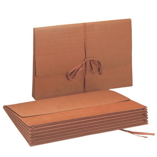 A stack of Smead Wallets, 5-1/4 expansion, with flaps and cloth tie closures is on a white background. One folder stands upright, highlighting its expandable sections and secure tie. Measuring 15 W x 10 H, these redrope folders are perfect for efficient document organization and storage.
