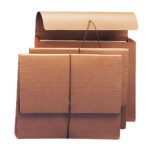 Three Smead Wallets, letter size with flap and cord closures, stand upright in ascending order. Each redrope folder boasts a secure string and button closure for a classic organizational look.