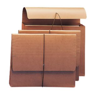 Three Smead Wallets, letter size with flap and cord closures, stand upright in ascending order. Each redrope folder boasts a secure string and button closure for a classic organizational look.