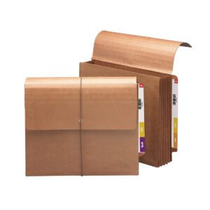 Two Smead End Tab Wallets with flap and cord closures are displayed, one closed upright and the other open to show tabbed dividers with numbers. These letter-sized wallets, made of redrope, come in a pack of 10 per box (71144).