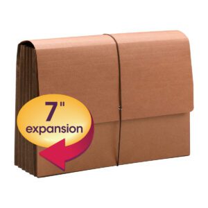 The Smead TUFF Wallet (71167) is an extra wide legal size brown accordion-style file folder with a 7 expansion and a durable flap and cord closure, featuring a yellow circle with a red arrow.
