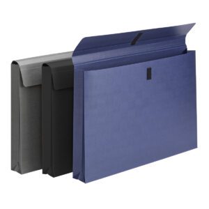 Three Smead Expanding Linen Wallets, in assorted colors (71170), are shown in dark gray, black, and blue with a 2 expansion. They feature a flap closure secured by an elastic loop and are slightly open to showcase their storage versatility.