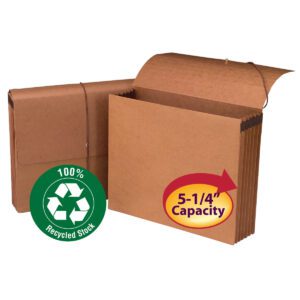 Two Smead 100% Recycled Wallets (Letter Size, 5-1/4 Expansion) with flap and cord closures are displayed: one closed, another open showing accordion sides. A green circle marks 100% Recycled Stock, and a red-yellow badge states 5-1/4 Expansion.