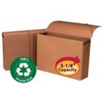 Two Smead 100% Recycled Wallet file folders, both brown with elastic closures. One is closed and the other is open, showing expandable sections. A green icon denotes recycled material and a 5-1/4 Capacity label. Available as 10 per Box (71199).