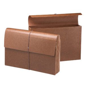 Two brown accordion file folders, one open showing a fully-lined gusset with 3-1/2 expansion in multiple compartments. Similar to a Smead Expanding Wallet, the other is closed with an elastic band. Both have textured surfaces ideal for organizing documents.