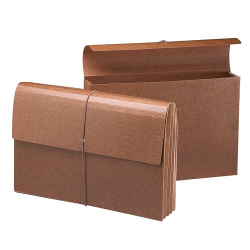 Two brown accordion file folders, one open showing a fully-lined gusset with 3-1/2 expansion in multiple compartments. Similar to a Smead Expanding Wallet, the other is closed with an elastic band. Both have textured surfaces ideal for organizing documents.