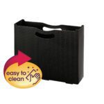 The Smead File Box (71631) features a 3 expansion and a textured black wave pattern with handle cutout. Adorned with graphics of a hand, sparkles, and an arrow on yellow background, it states easy to clean. Ideal for letter-sized documents.