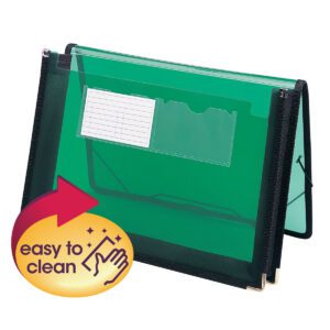The Smead Poly Wallet (71951) for letter-size documents has a 2-1/4 expansion and comes in green with a clear front pocket, index card, and flap with cord closure. Its circular label shows a red arrow and indicates its easy to clean.