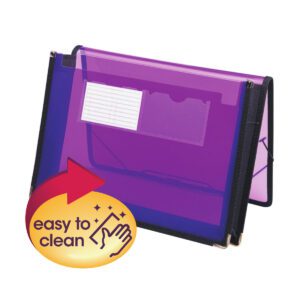 A Smead Poly Wallet in purple (71952) with a flap and cord closure sits open on a surface. Featuring black edges, it includes a clear pocket for labels and an easy to clean badge, perfect for practicality.