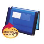 The Smead Poly Wallet (71953) in blue is a tray-style stand with an attached card and transparent front pocket. It features a yellow circle with a red arrow and hand icon that reads easy to clean. Ideal for organizing, it allows quick access with its flap and cord closure.