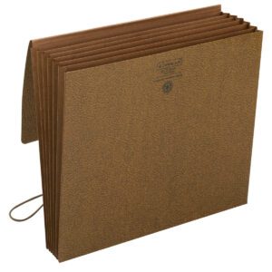 The Smead Partition Wallet, made from Redrope-Printed Stock, features six expandable pockets with a textured finish and secure flap and cord closure. The front cover displays printed text and symbols.