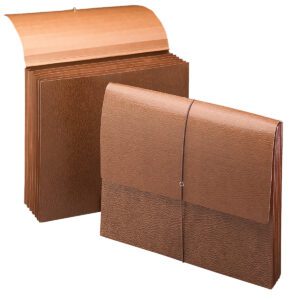 Two brown Smead Partition Wallets are shown; one is open, displaying its 6 pockets, and the other is closed with a cord closure. Both have a textured surface, ideal for organizing documents.